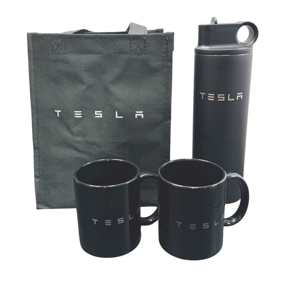 (2)Tesla Black Ceramic Coffee Mugs (1) Insulated Water Bottle (1) Bag  LOGO TECH